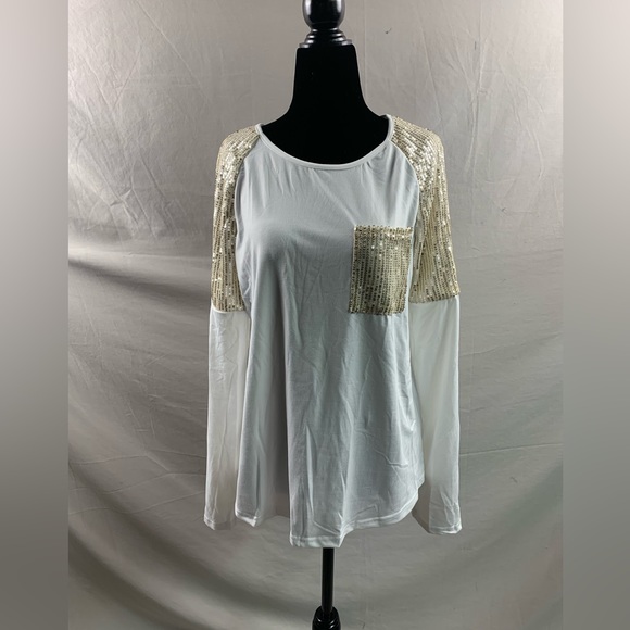 White/Gold Sequin-Embellished Raglan Sleeve Tee - Picture 6 of 8